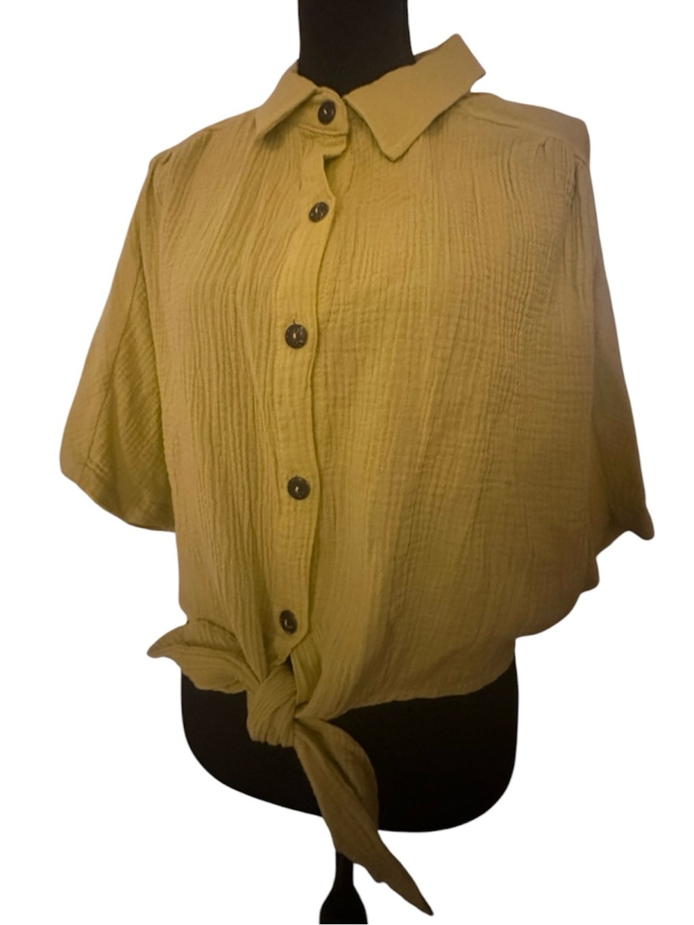 Kaktus Mustard Short-Sleeve Tie-Front Button Shirt